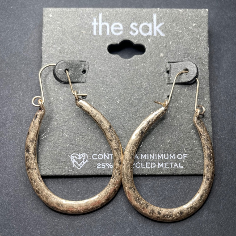 The Sak Gold Tone Hammered textured Teardrop U Hoop Earrings Recycled Metal hook